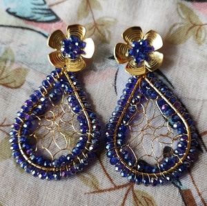 Dream Catcher Iridescent Dark Blue Faceted Glass Beads Flowers Pierced Earrings